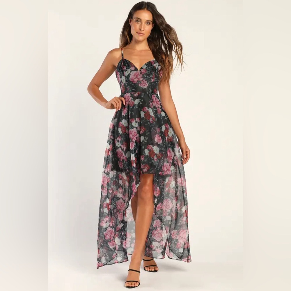 NWT Lulus Lovely For Tonight Black Floral Organza High-Low Maxi Dress